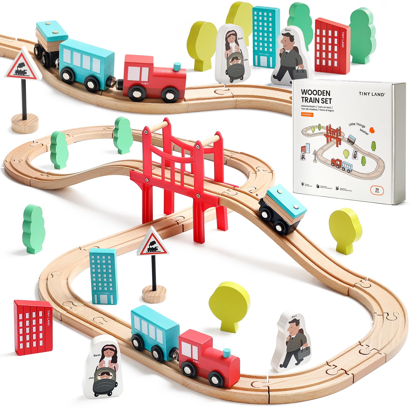 Tiny Land front packaging showing full 39-piece wooden train set and contents, clear benefit of organized storage