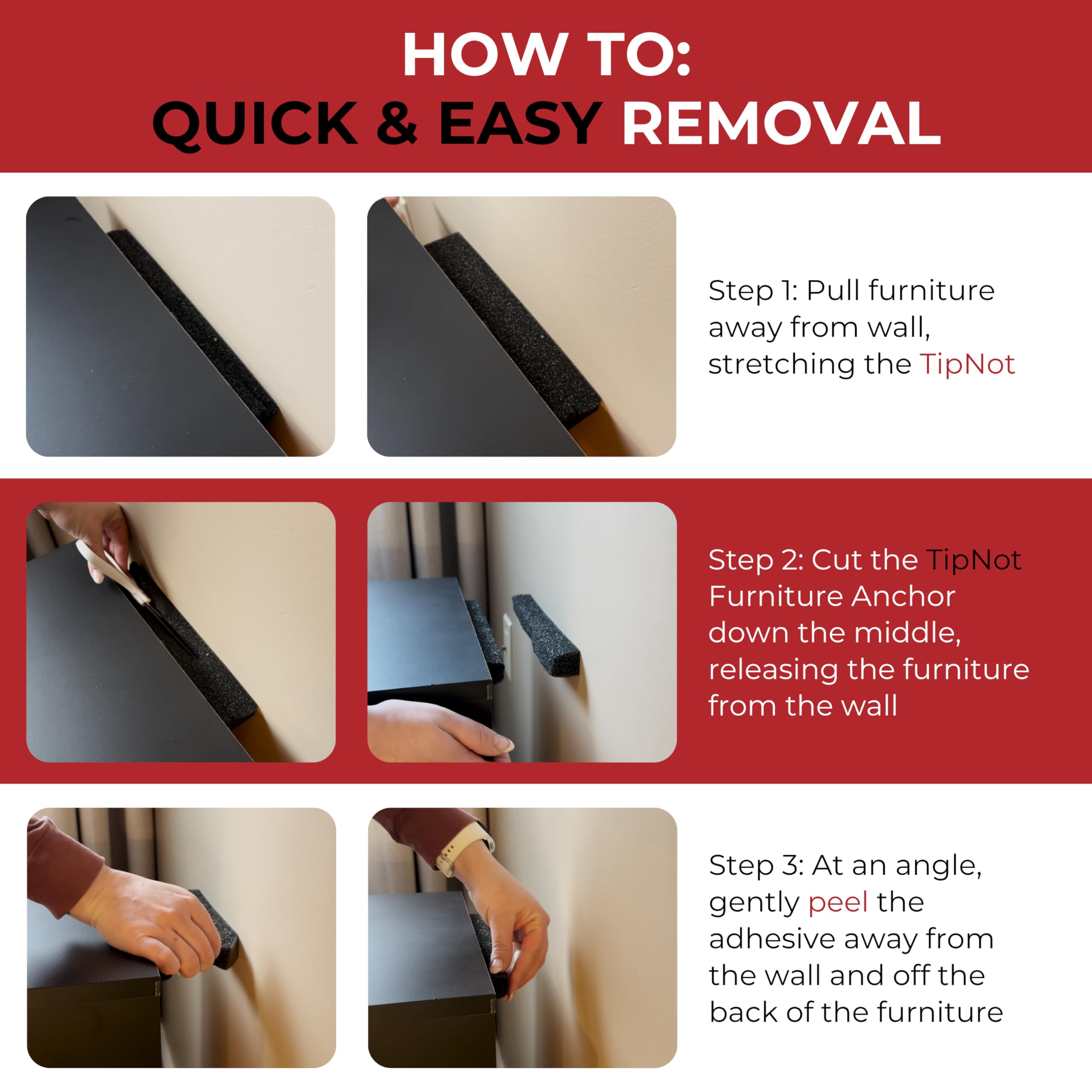 TIPNOT demostración de instalación pegando el anclaje al mueble para estabilidad