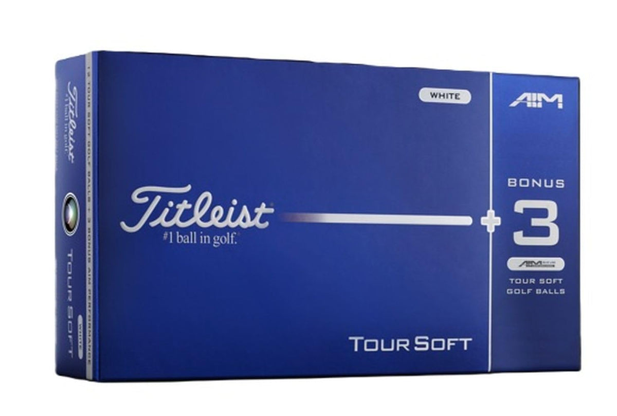 Titleist Tour Soft paquete frontal mostrando el estuche AIM y las 15 bolas, mejora la preparación