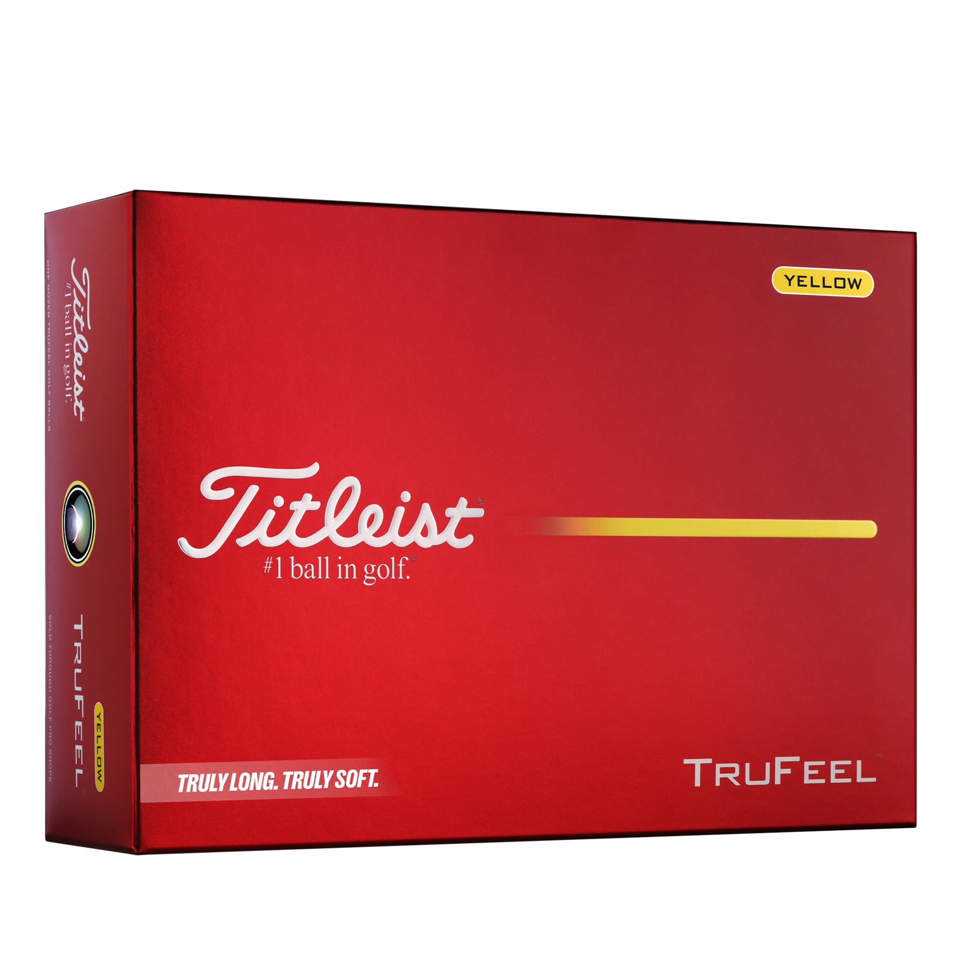 Titleist TruFeel empaque frontal amarillo mostrando claridad y calidad