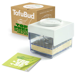 TofuBud front view packaging showing product and included cookbook benefit