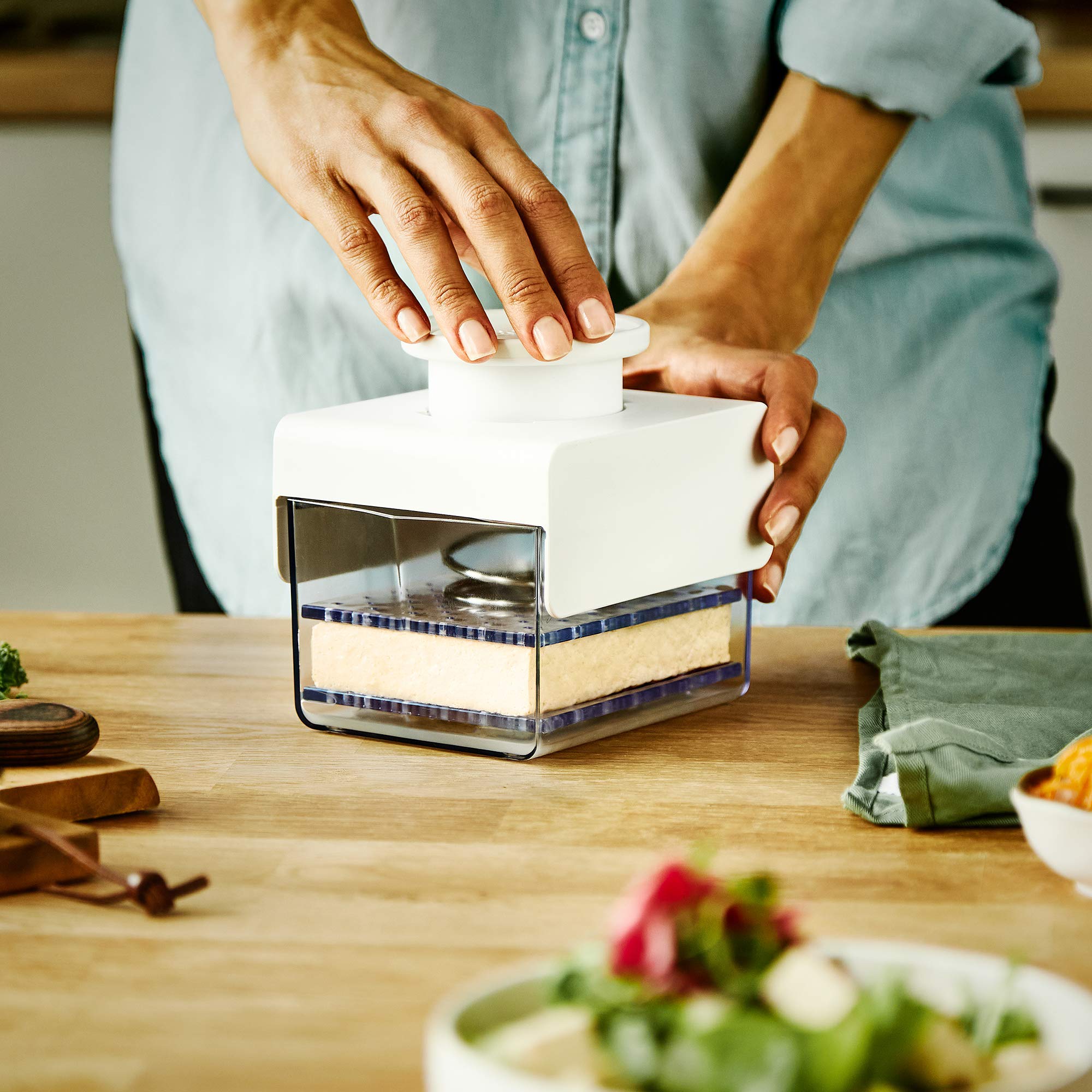 TofuBud lifestyle kitchen on counter showing convenience for meal prep