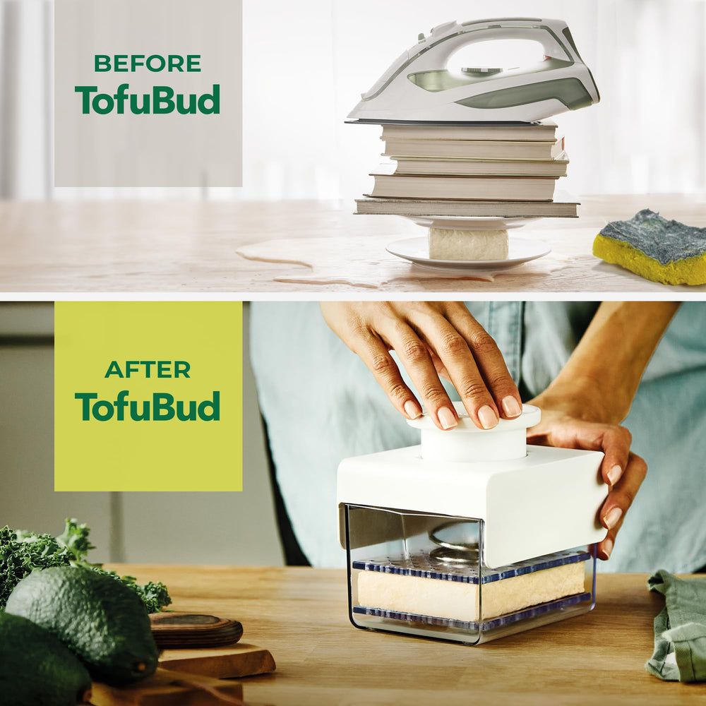 TofuBud size comparison on fridge shelf showing compact storage benefit