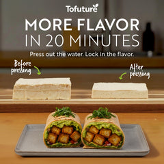 Tofuture Tofu Press vista frontal con bloqueo cerrado y beneficio de sin goteos