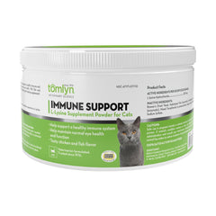 TOMLYN envase frontal L-Lysine sabor pescado mostrando el tamaño y uso