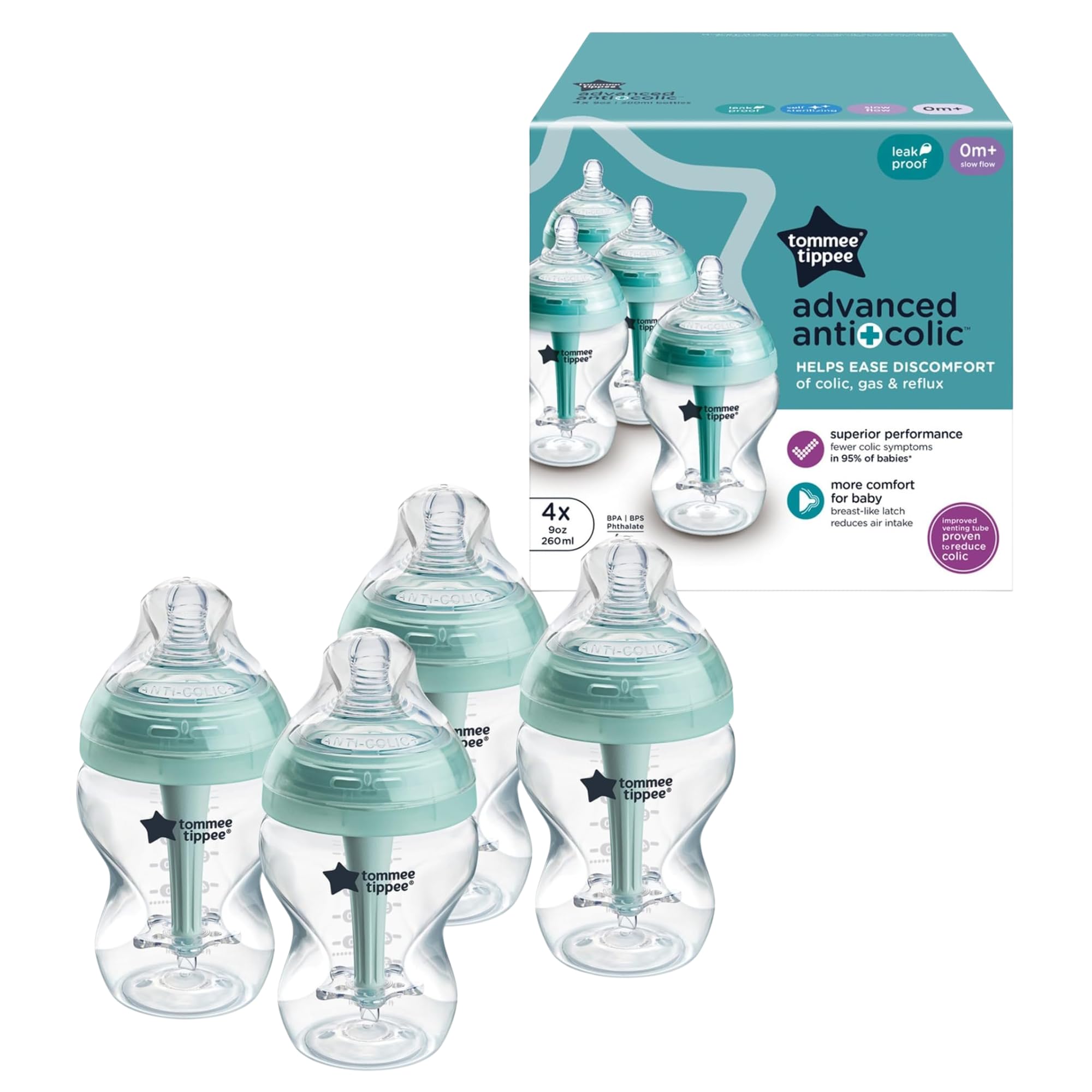 Tommee Tippee biberón frontal 9oz muestra diseño ergonómico y capacidad