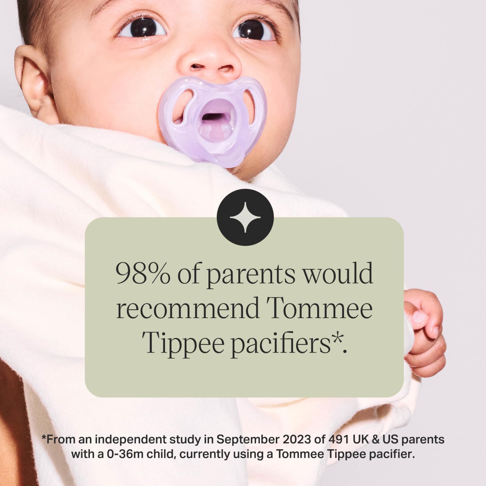 Tommee Tippee tamaño comparado con mano adulta, escala realista