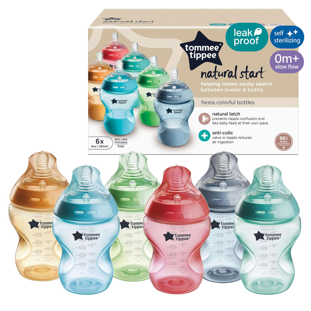 Tommee Tippee vista frontal del biberón y su paquete, fácil identificación y uso