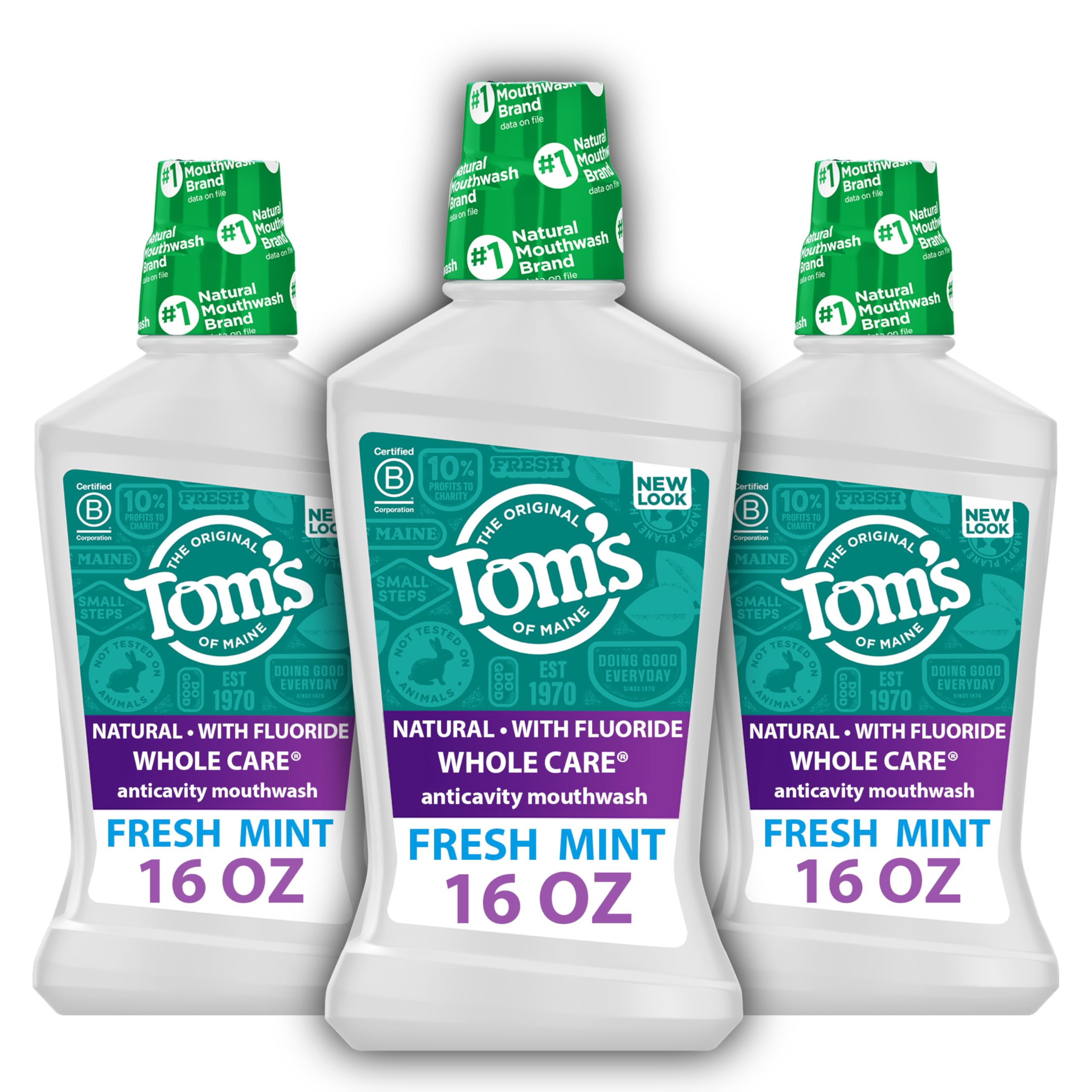 Tom's of Maine vista frontal del paquete de tres botellas, conveniencia y ahorro