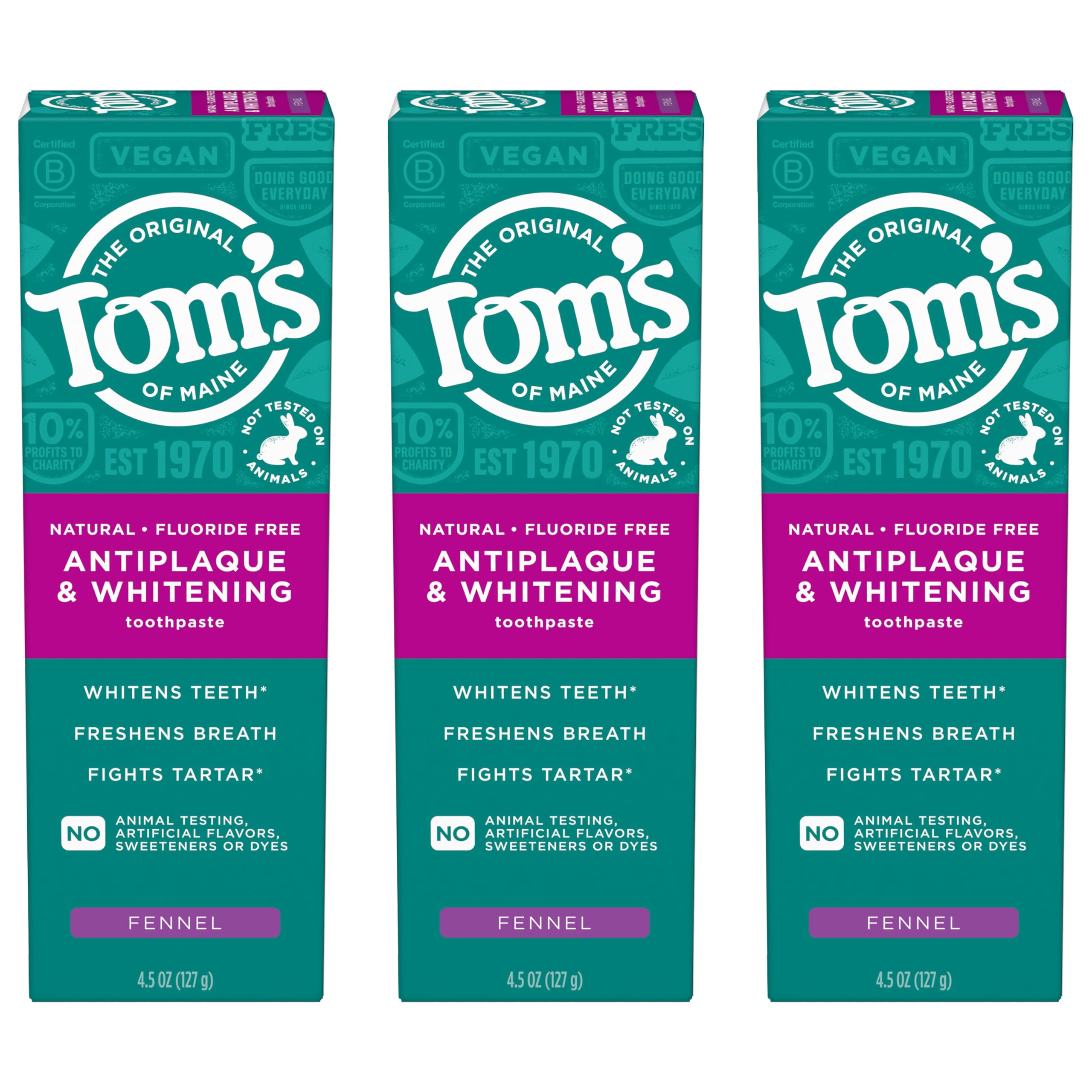 Tom's of Maine frente del empaque mostrando hinojo y beneficios naturales