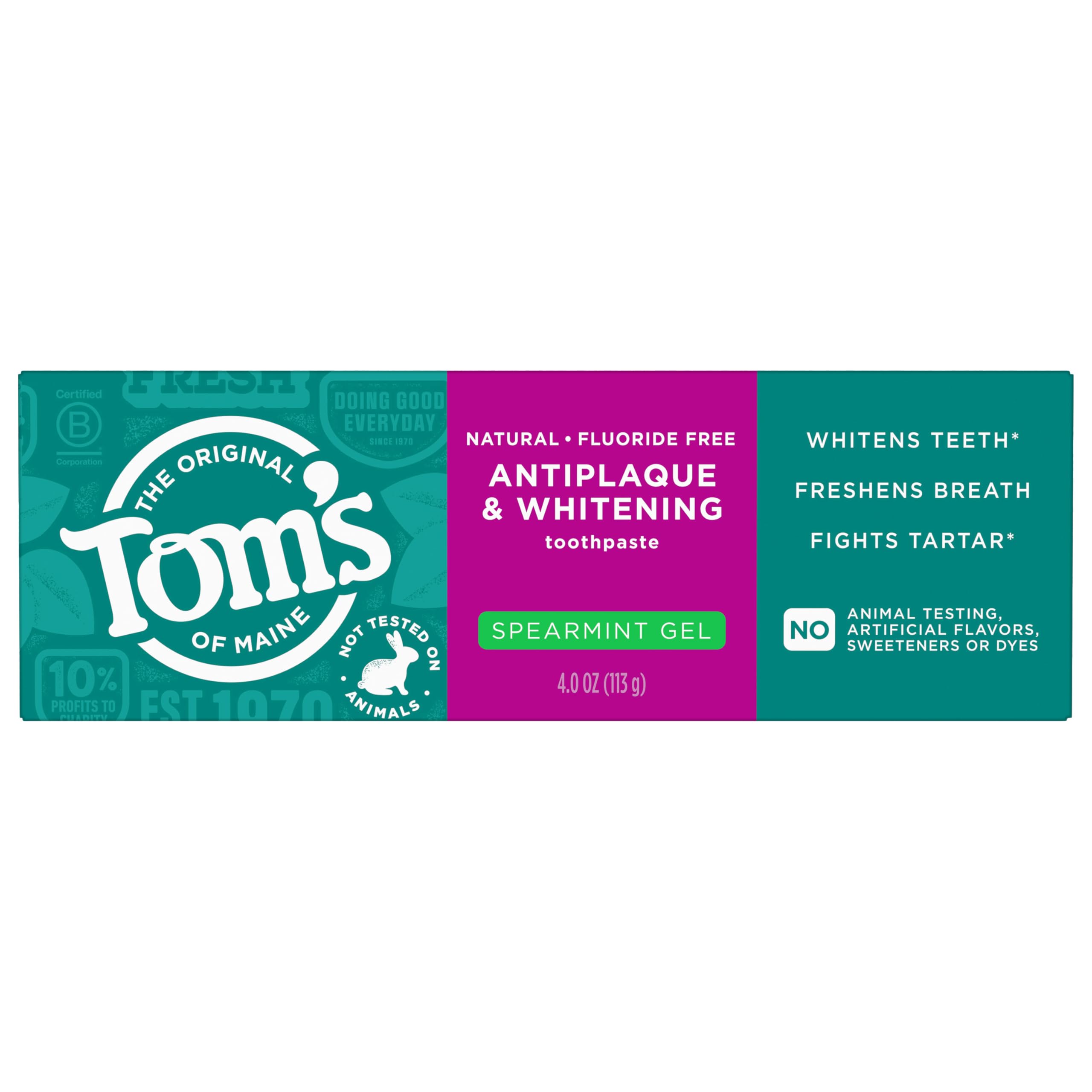 Tom's of Maine frente del tubo mostrando la marca y beneficio antiplaque