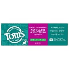 Tom's of Maine frente del tubo mostrando la marca y beneficio antiplaque