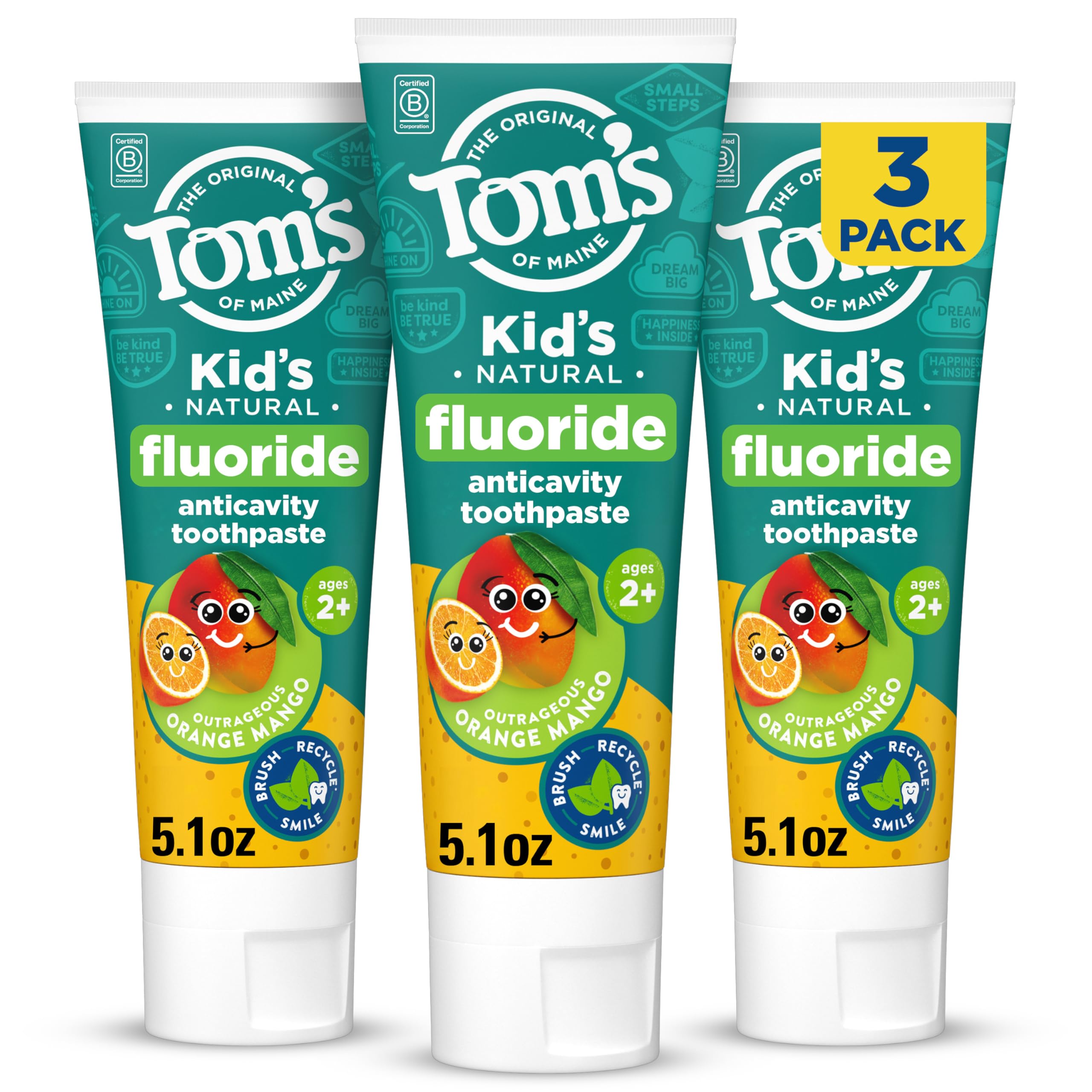 Tom's of Maine frontal del tubo naranja mango mostrando diseño y beneficio sabor agradable