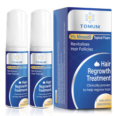 TOMUM espuma minoxidil frontal mostrando envase portátil y práctico