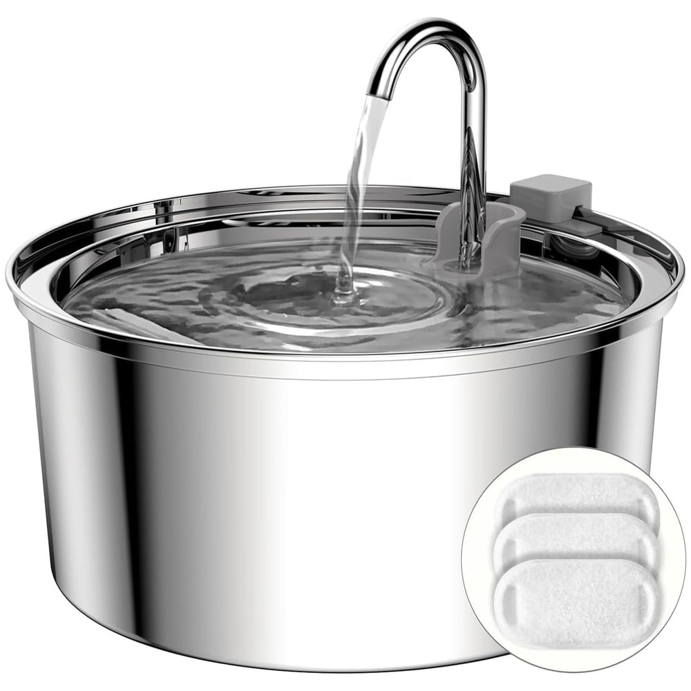 tomxcute front view of stainless steel fountain showing durable design and easy refill benefit