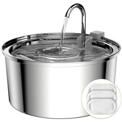 tomxcute front view of stainless steel fountain showing durable design and easy refill benefit