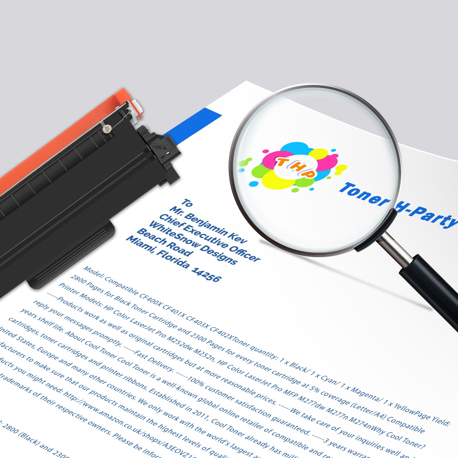 Toner H-Party comparación de tamaño junto a hoja A4 para escala clara