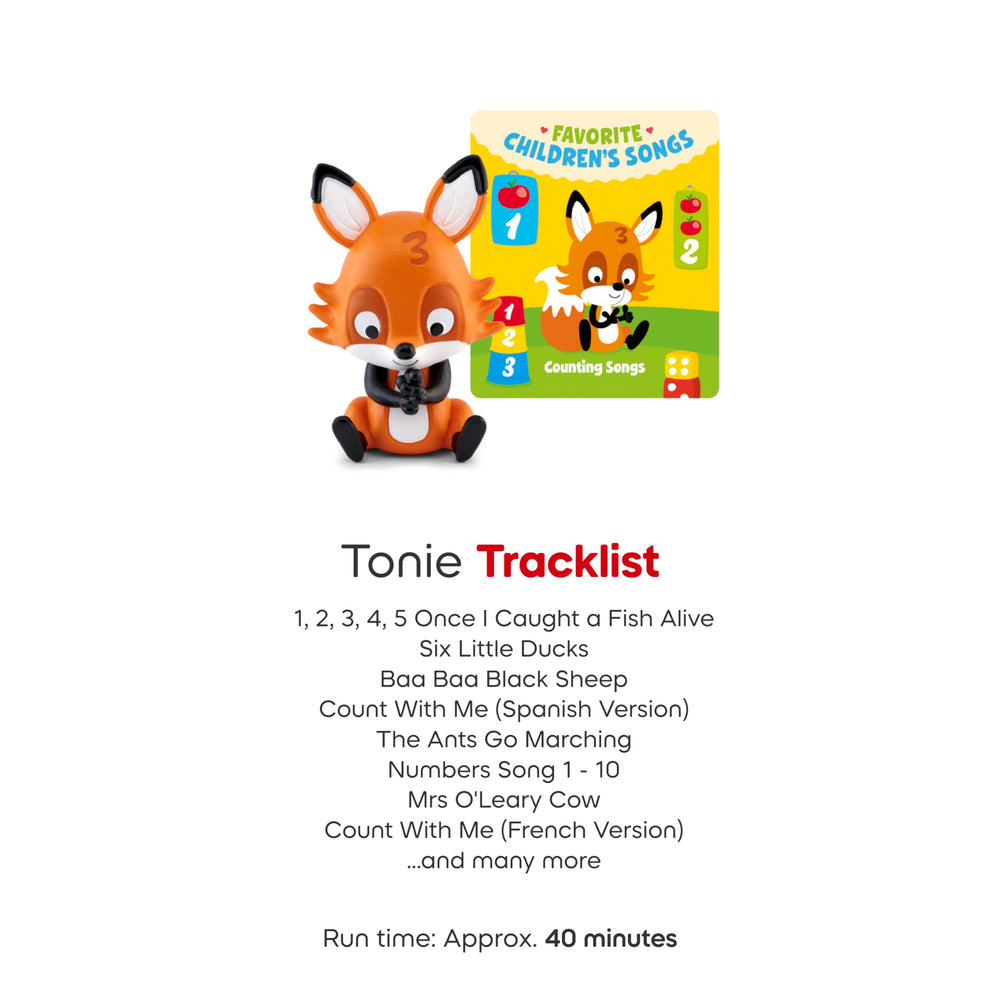 Tonies etiqueta con tracklist y duración que informa al cuidador rápidamente