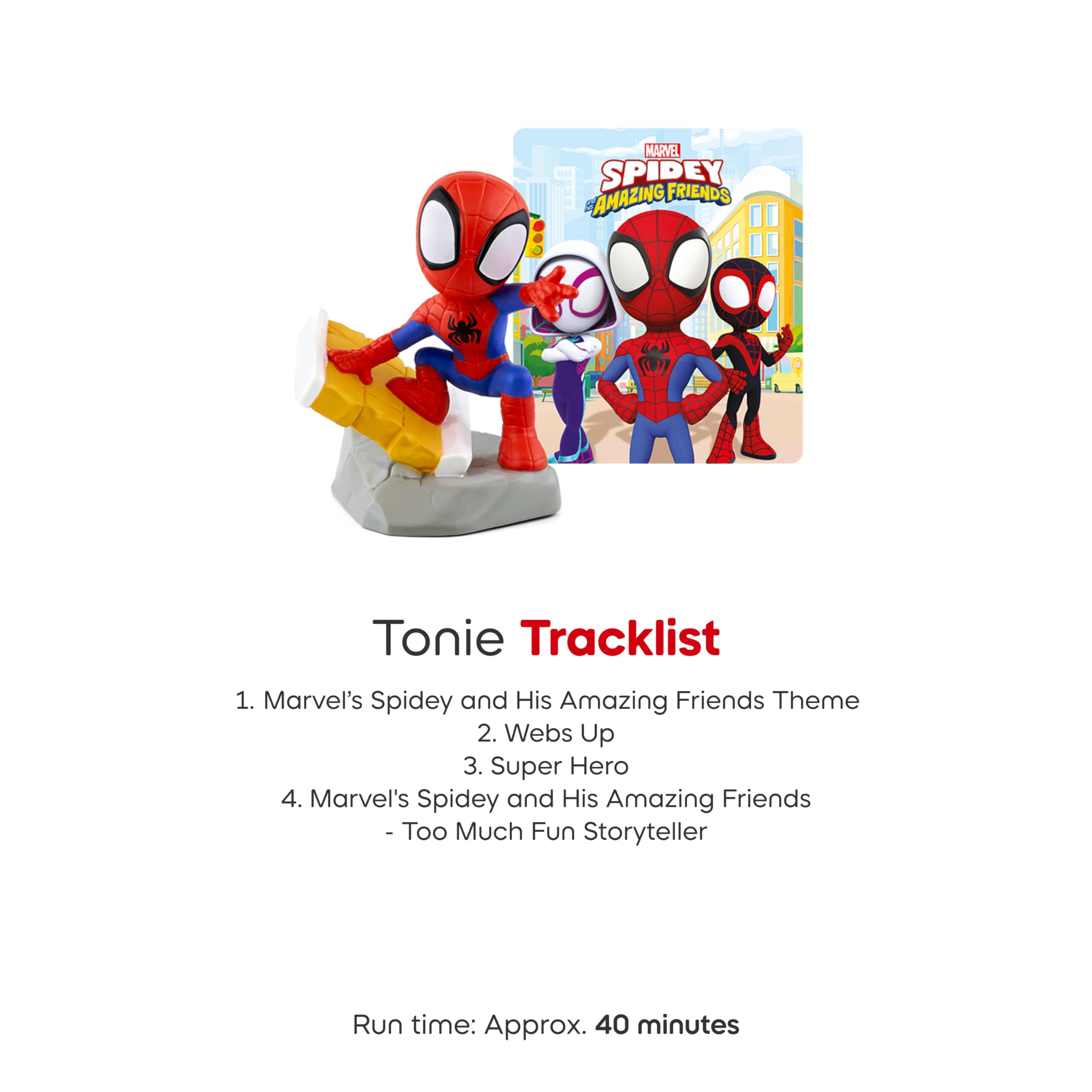 Tonies Spidey etiqueta con lista de canciones y descripción clara