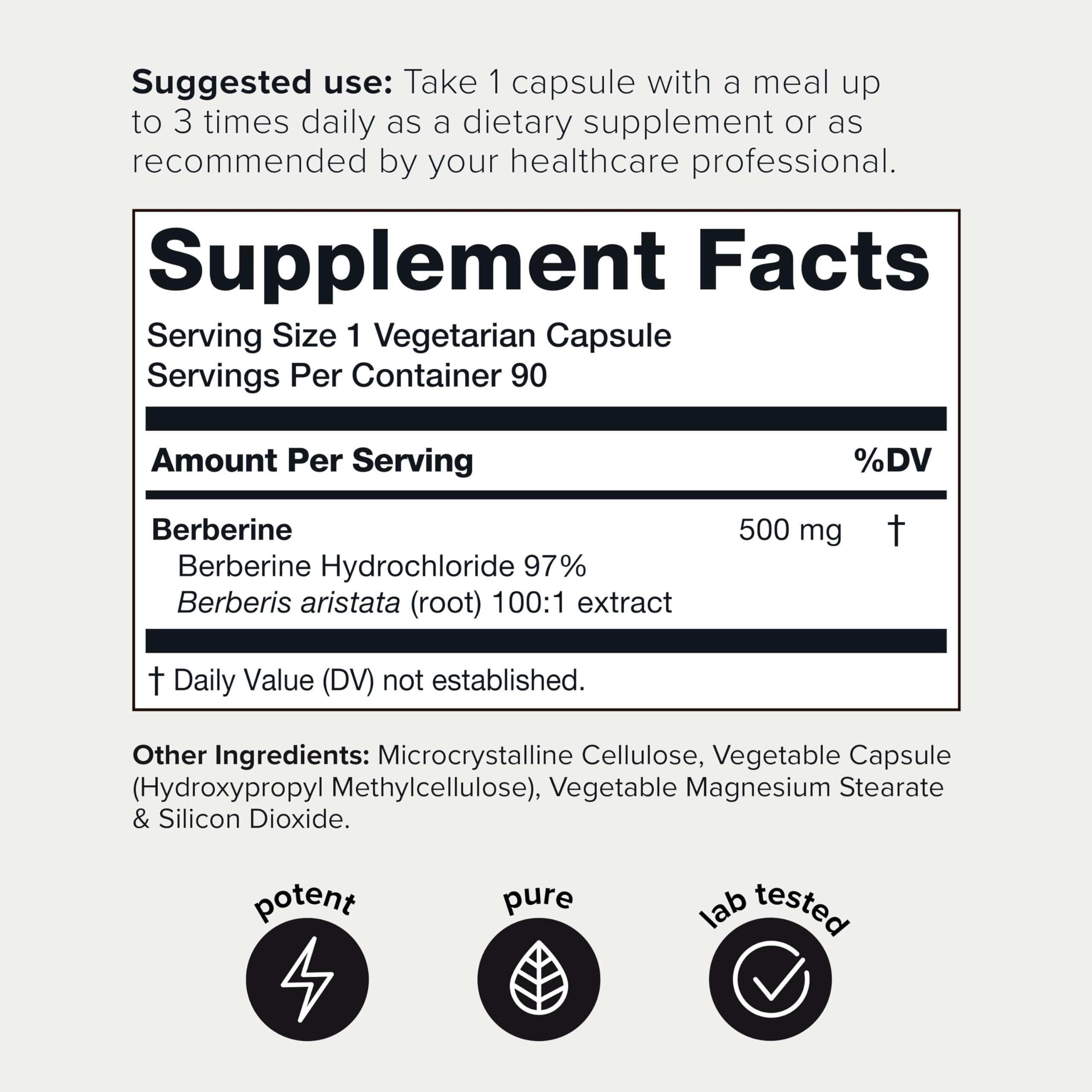 Supplement facts label close-up showing 97% berberine HCl standardization benefit