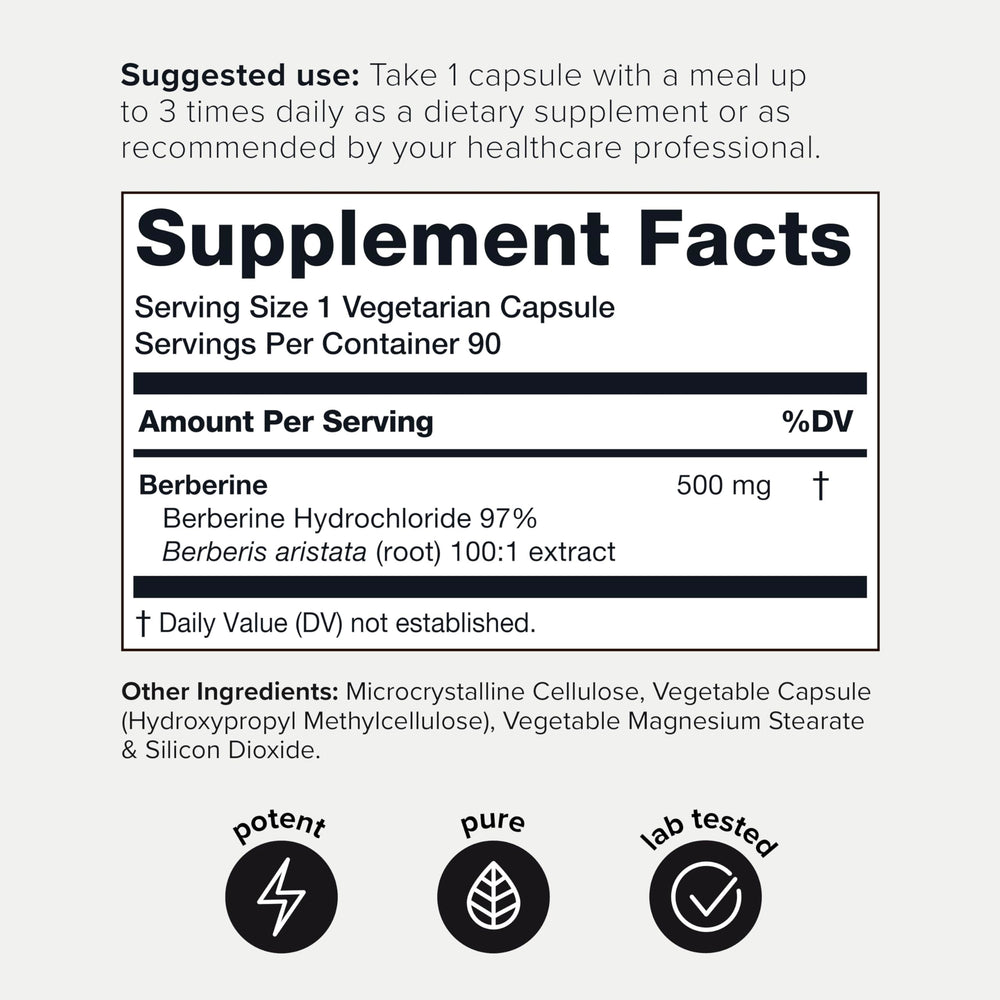 Supplement facts label close-up showing 97% berberine HCl standardization benefit