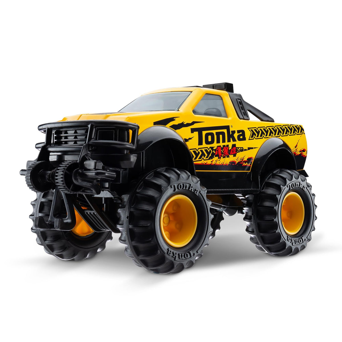 Tonka camión 4x4 frontal amarillo mostrando robustez y atractivo visual