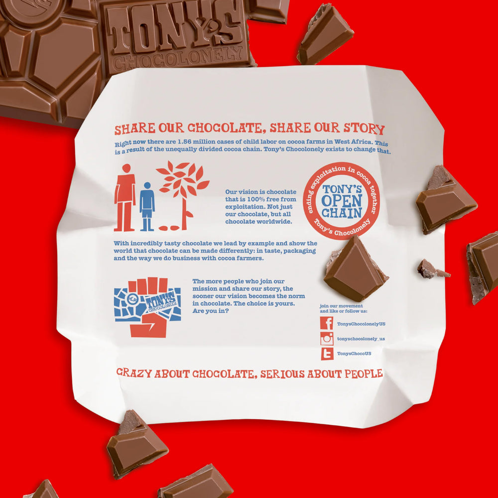 Tony’s Chocolonely etiqueta con información de origen y sostenibilidad