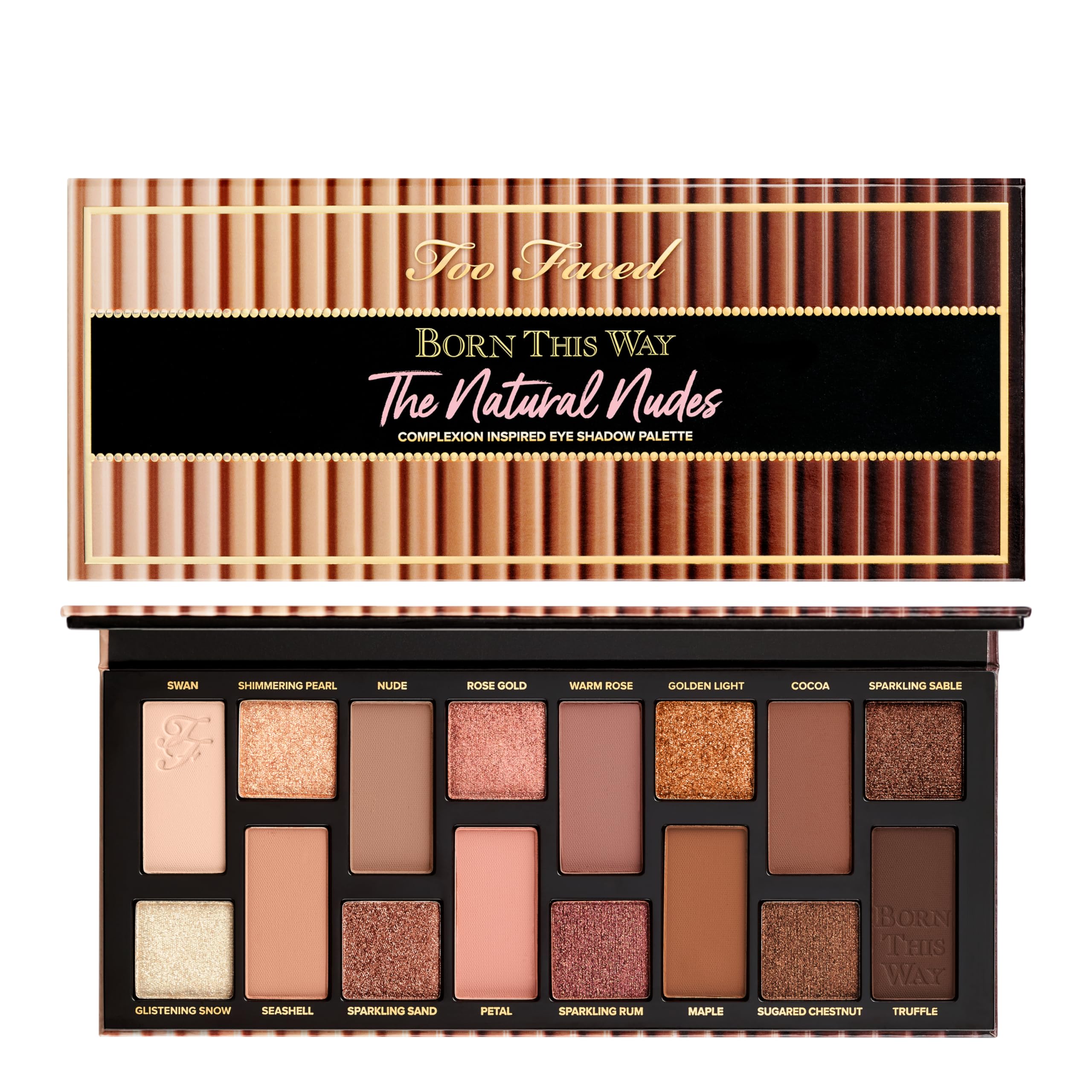 Too Faced paleta frontal mostrando los 16 tonos y acabado elegante