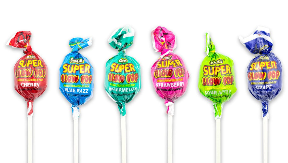 Tootsie Charms Super Blow Pop caja abierta con paletas, lista para exhibir o repartir