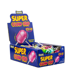 Tootsie Charms Super Blow Pop frente de paquete mostrando 48 paletas, práctico para eventos