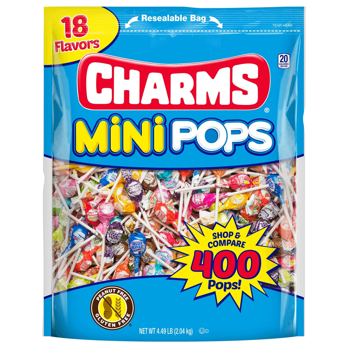 Tootsie Roll bolsa Charms Mini Pops al frente mostrando 400 unidades y beneficios de compartir