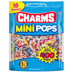 Tootsie Roll bolsa Charms Mini Pops al frente mostrando 400 unidades y beneficios de compartir