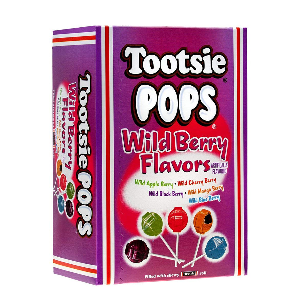 Tootsie Roll caja frontal de Tootsie Pops mostrando 100 unidades y mezcla Wild Berry