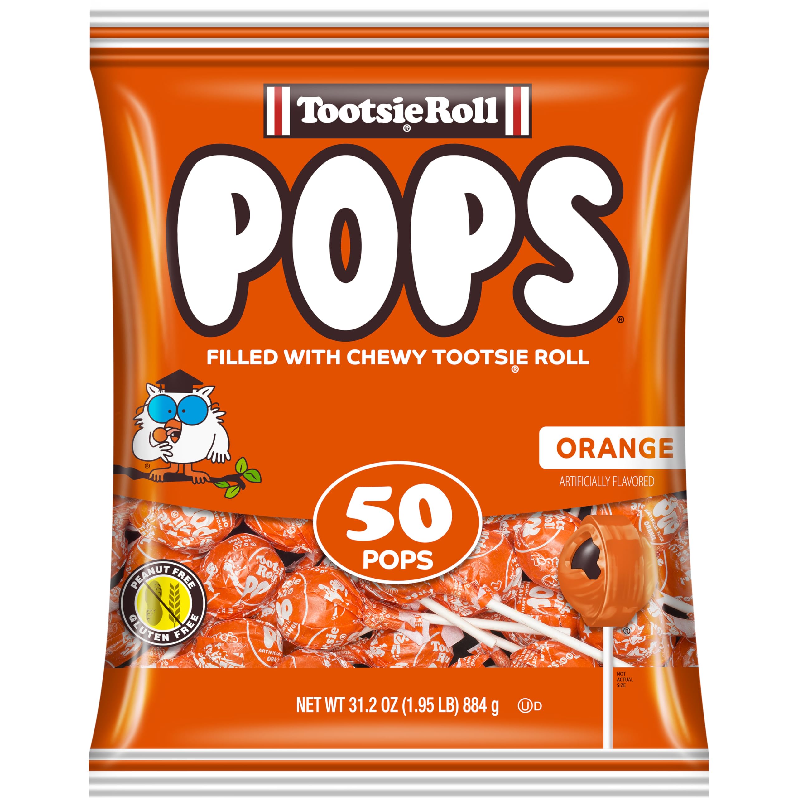 Tootsie Roll paquete frontal mostrando 50 paletas naranja y beneficio de surtido