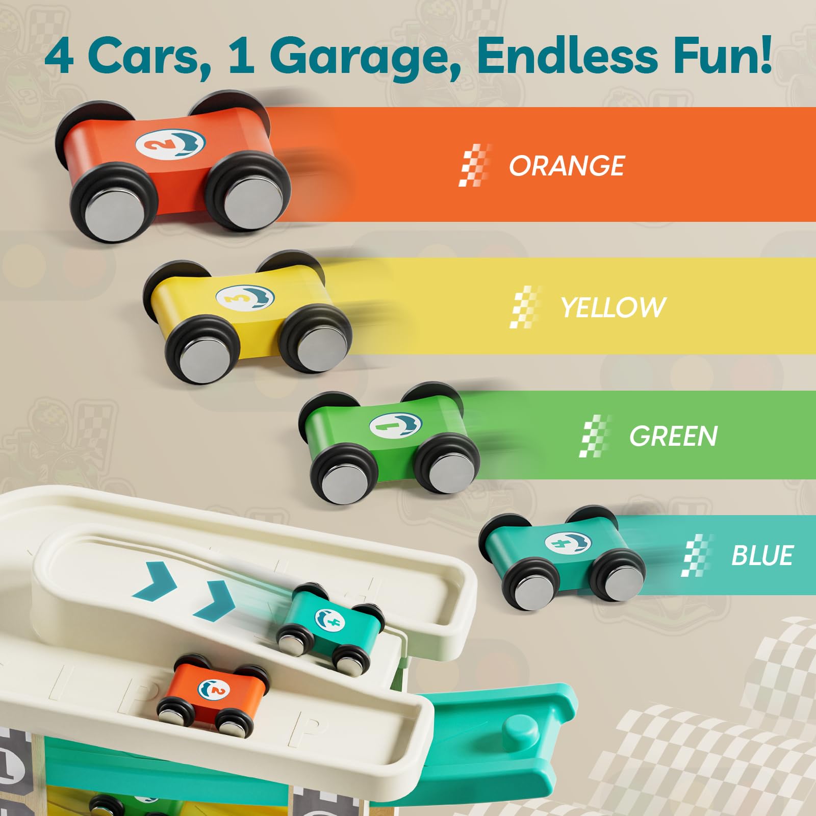 TOP BRIGHT cars in motion on ramps illustrating dynamic play and tracking