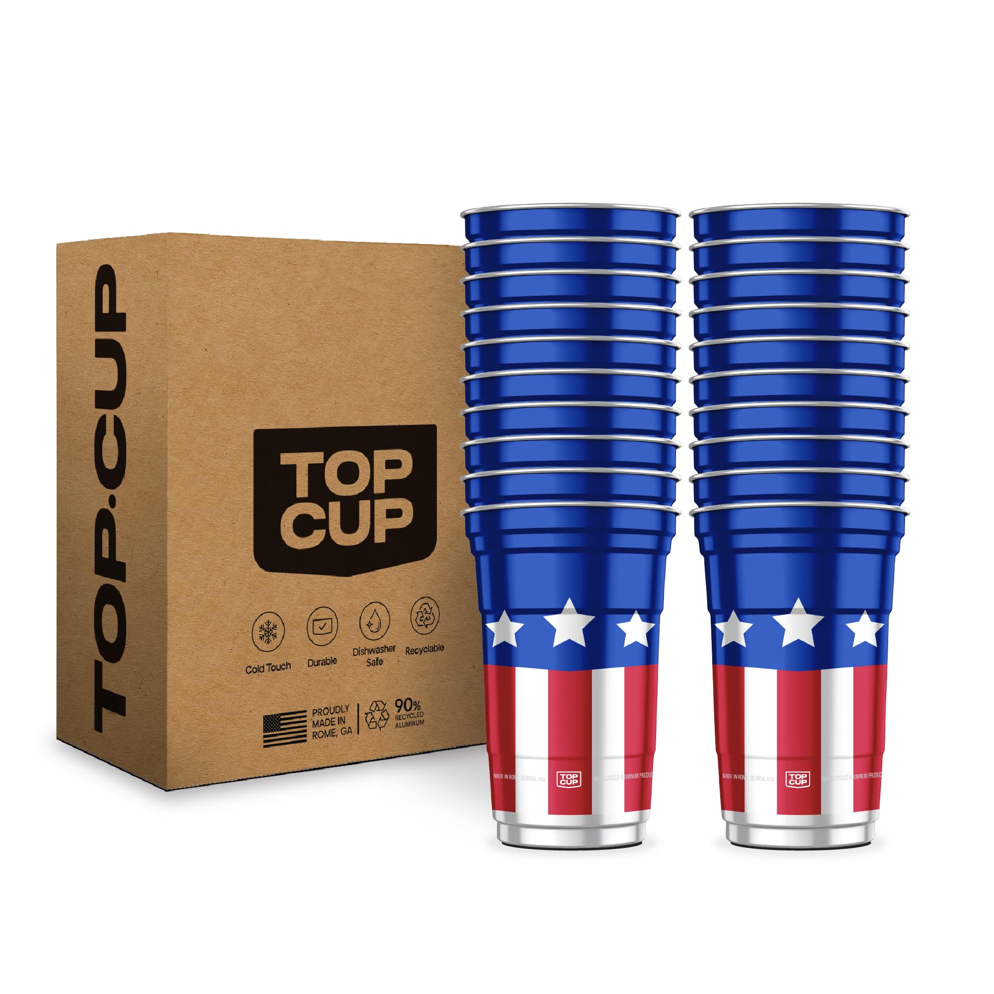 Top Cup vaso empacado frontal mostrando diseño patriótico y conveniencia