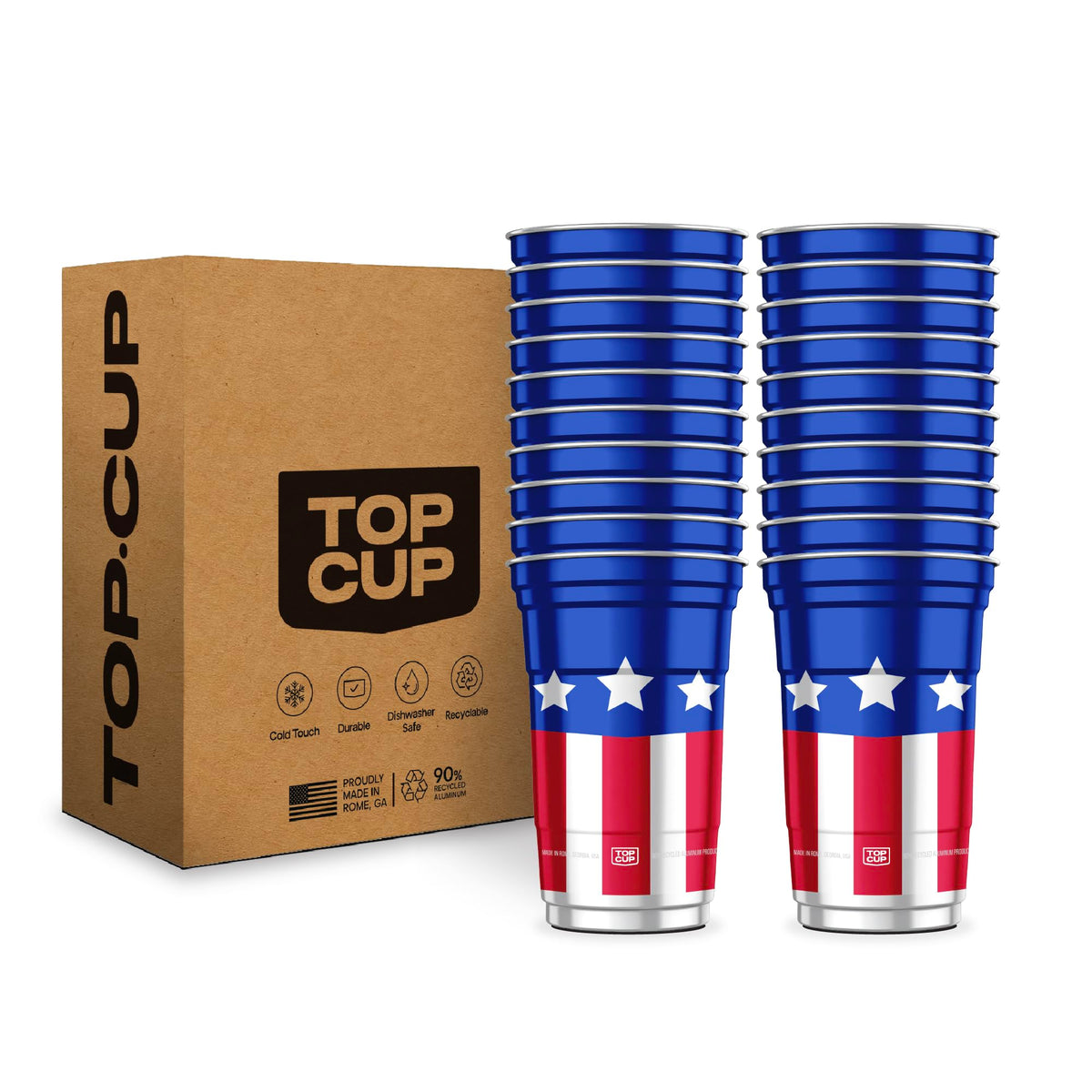 Top Cup vaso empacado frontal mostrando diseño patriótico y conveniencia