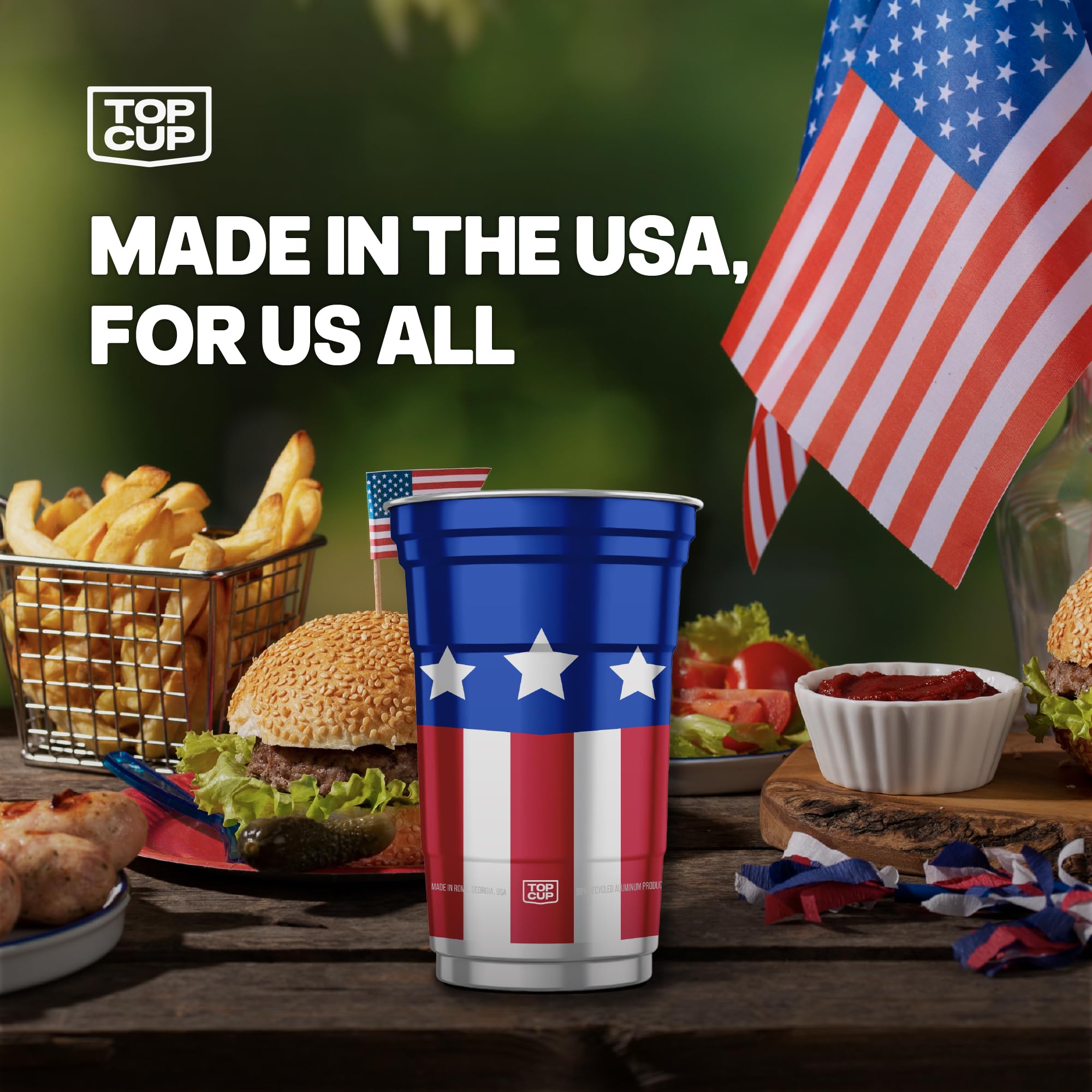 Top Cup etiqueta 'Made in USA' indicando fabricación local y calidad