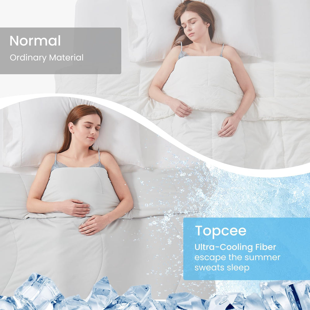 Topcee comforter side view highlighting natural silk filling loft for airy comfort