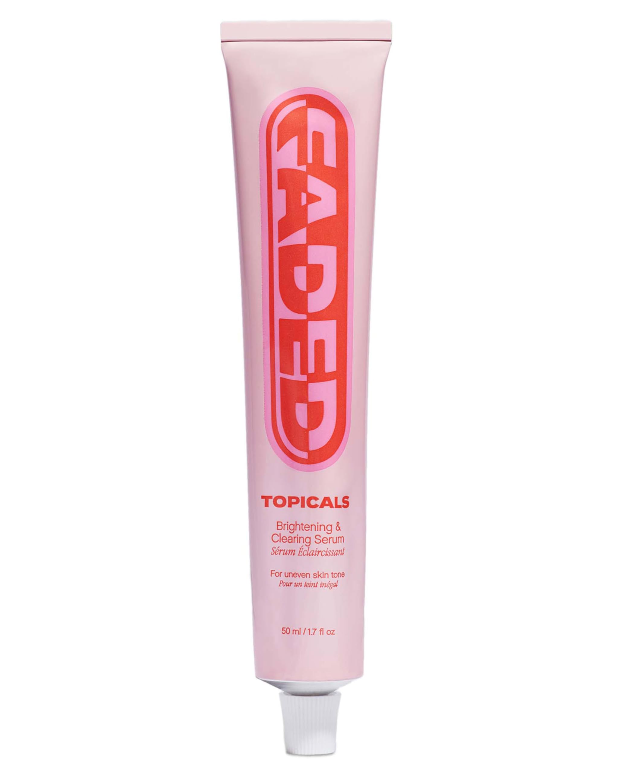 Topicals faded front packaging showing bottle and label, clear brightening benefit