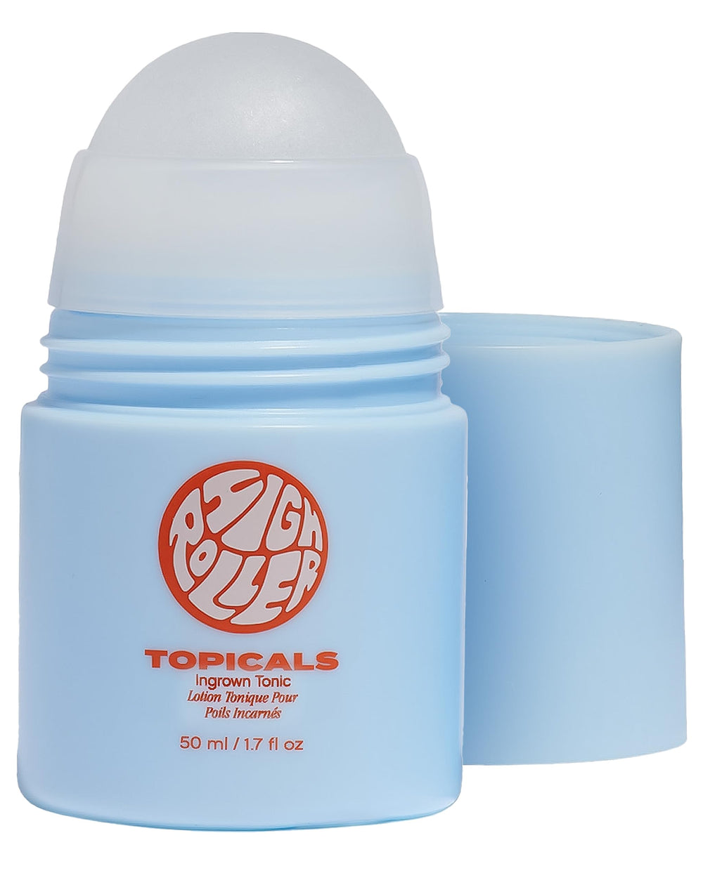 Topicals High Roller vista frontal del envase roll-on muestra tamaño y diseño práctico