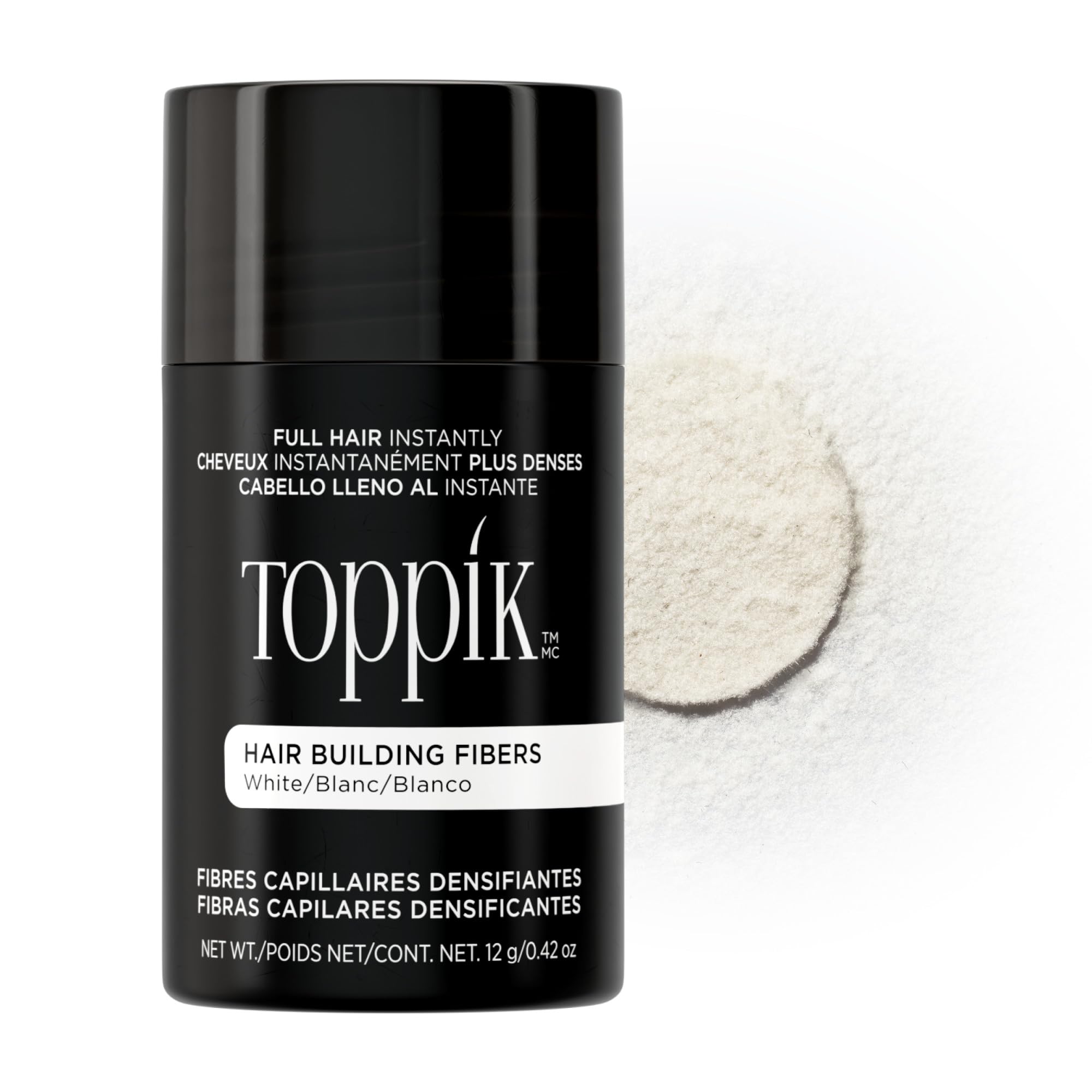 Toppik front packaging showing white 12g bottle and brand benefit