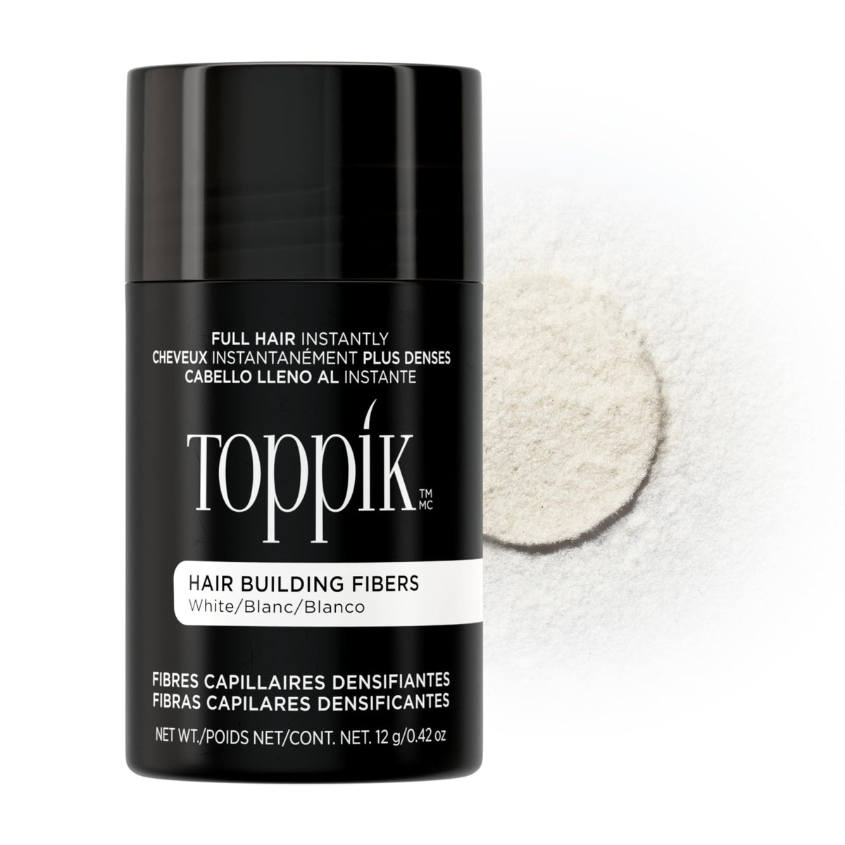 Toppik front packaging showing white 12g bottle and brand benefit