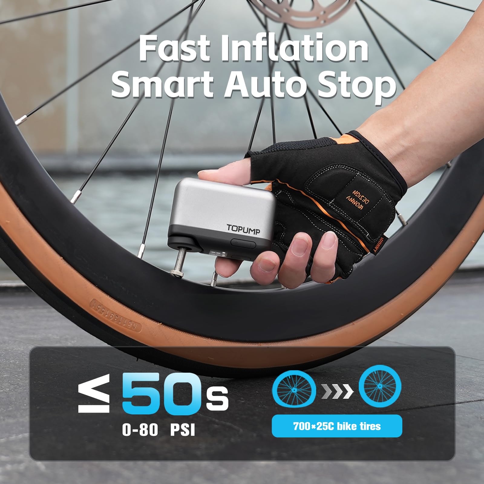 TOPUMP TB2PRO inflando neumático en bicicleta para una reparación rápida en ruta