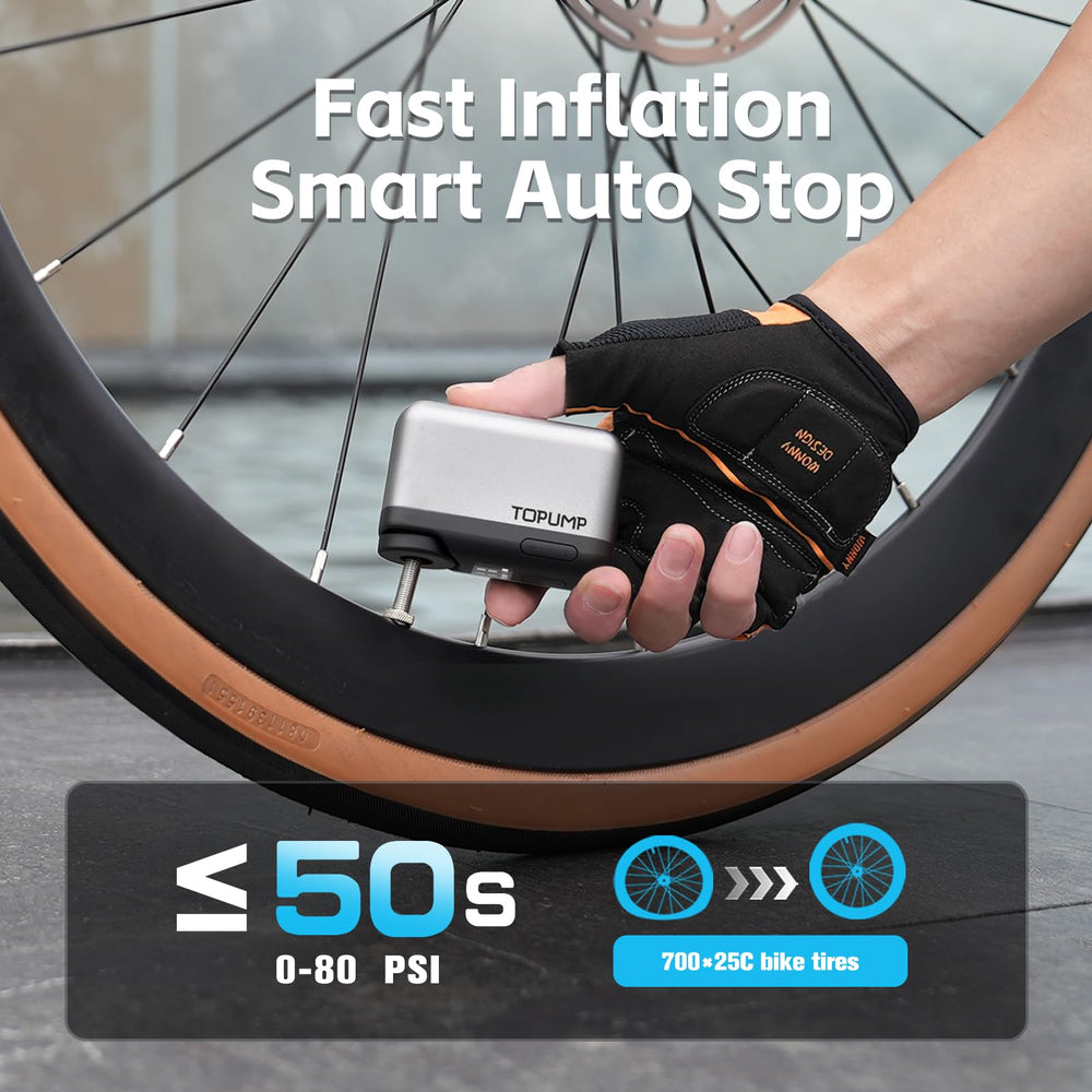 TOPUMP TB2PRO inflando neumático en bicicleta para una reparación rápida en ruta