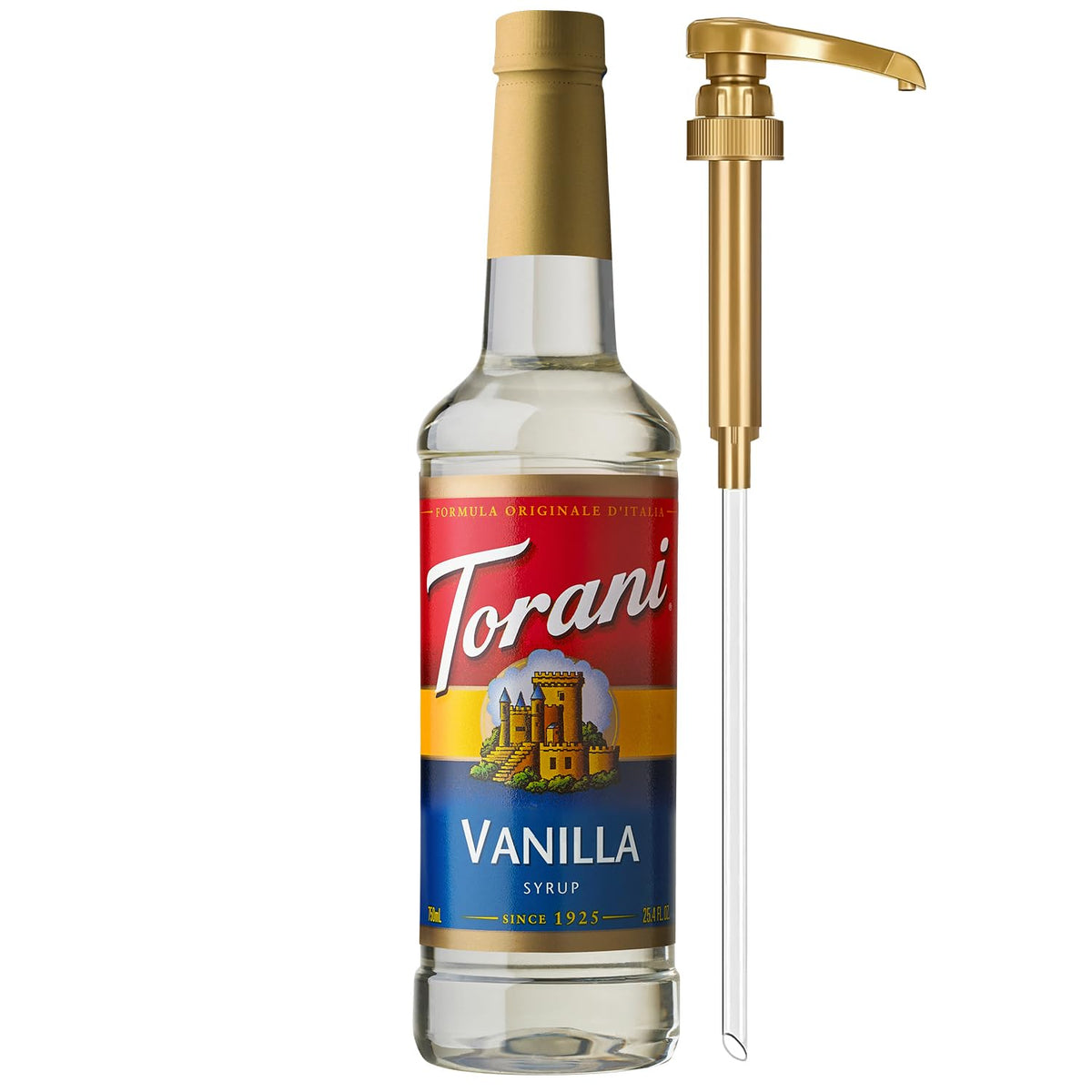 Torani botella frontal 750 ml mostrando envase y marca, añade sabor consistente