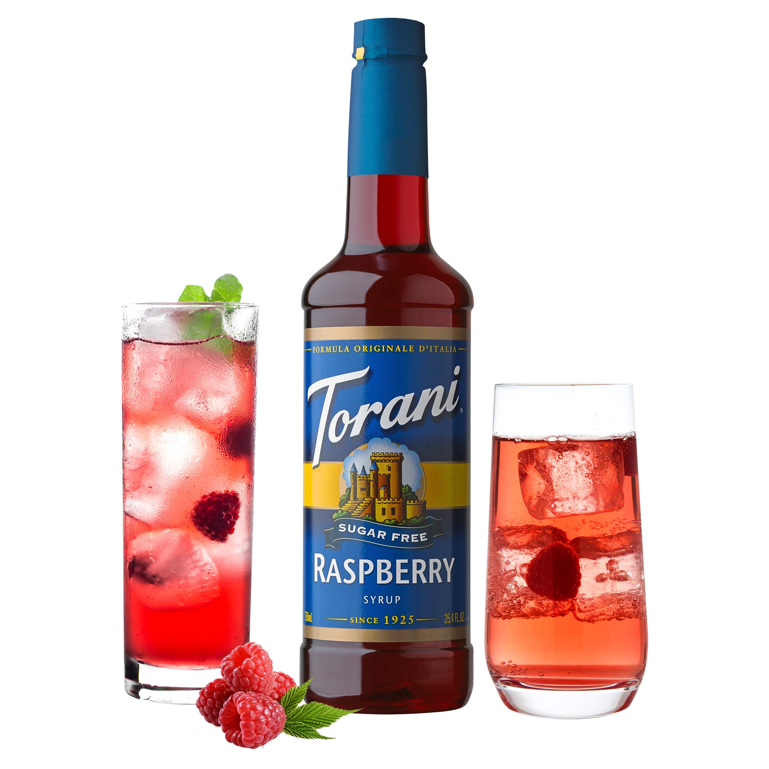 Torani label close-up highlighting product name and sugar free benefits