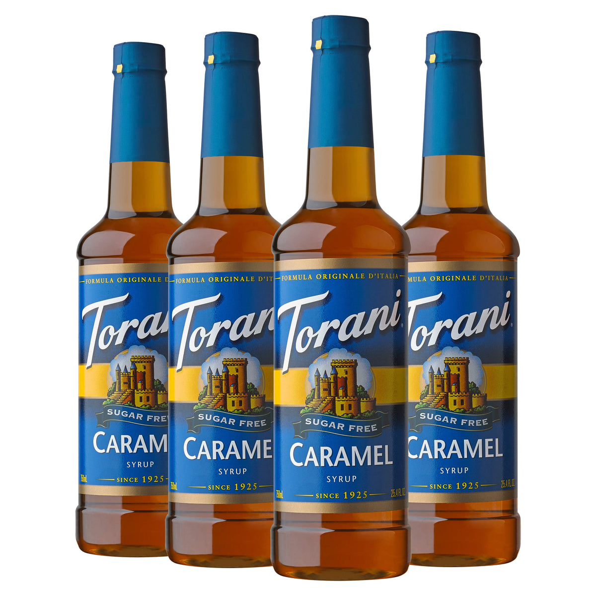 Torani botella pack frontal mostrando las cuatro unidades y etiqueta clara