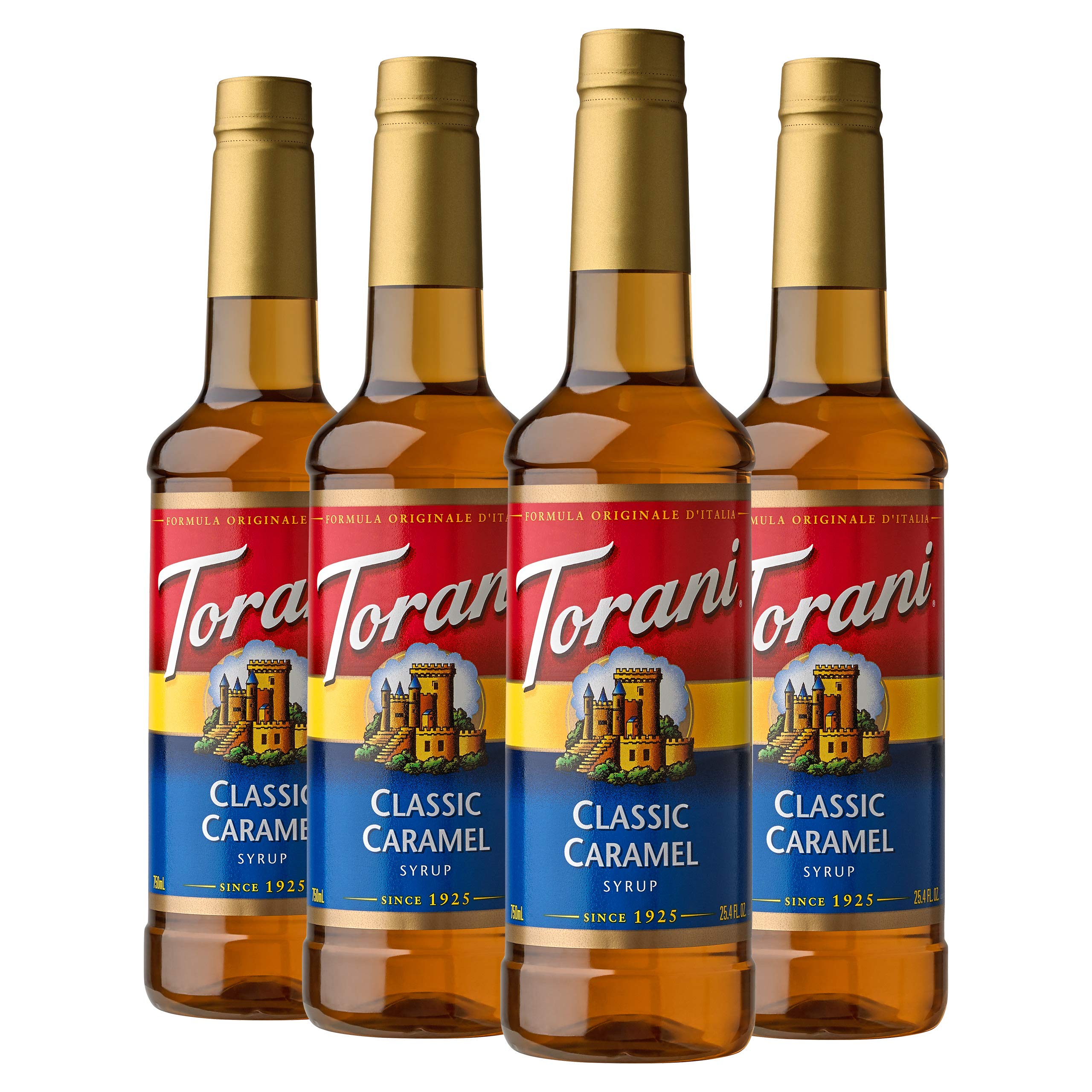 Torani classic caramel front packaging showing four bottles and clear label benefit