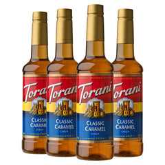 Torani classic caramel front packaging showing four bottles and clear label benefit